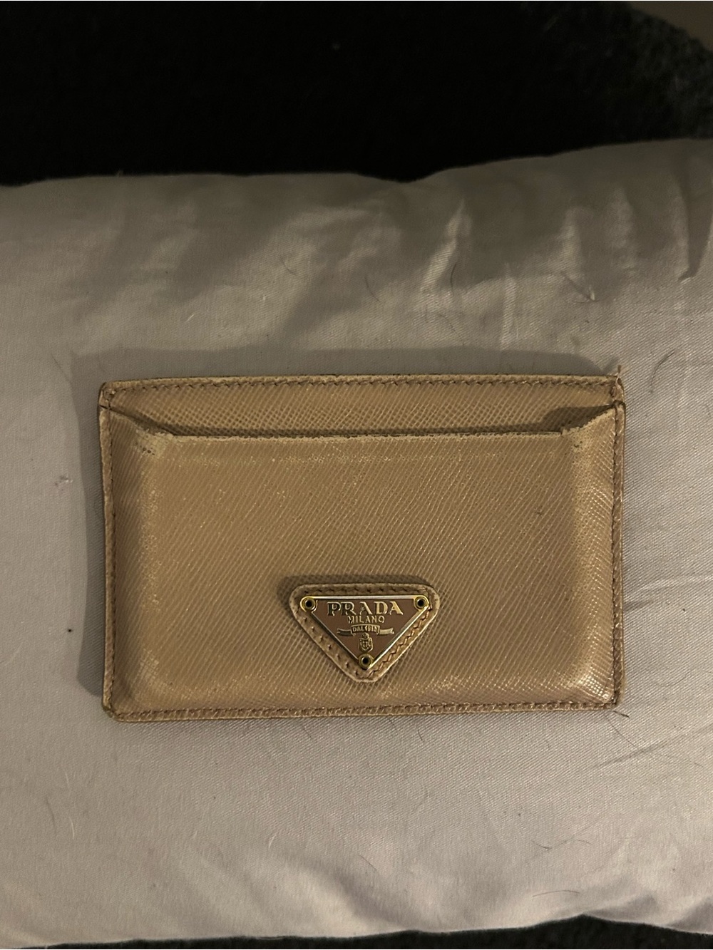 Prada Saffiano Card Holder in Beige with Gold Accent